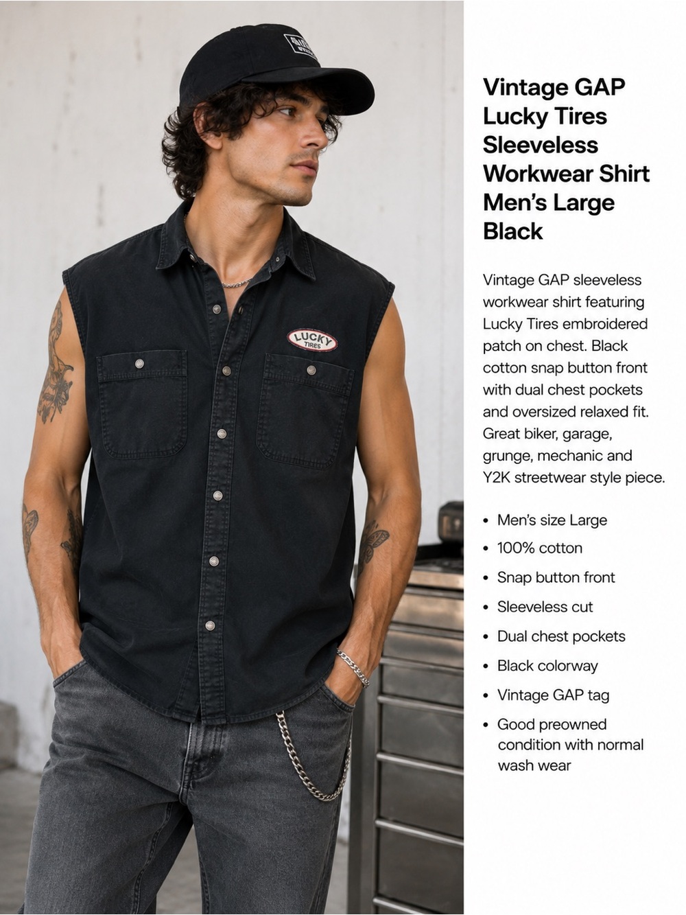 Vintage GAP Lucky Tires Sleeveless Workwear Button Up Shirt Men’s Large Black
